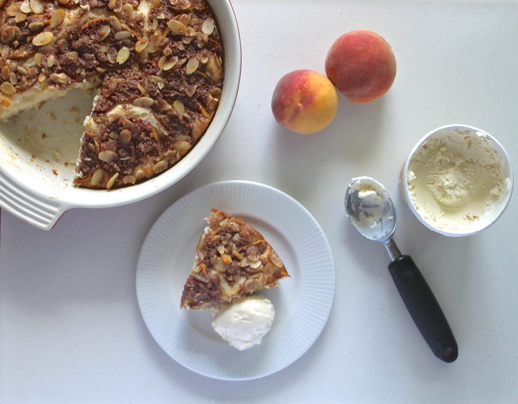 Peach Coffee Cake recipe. Best served with ice cream.